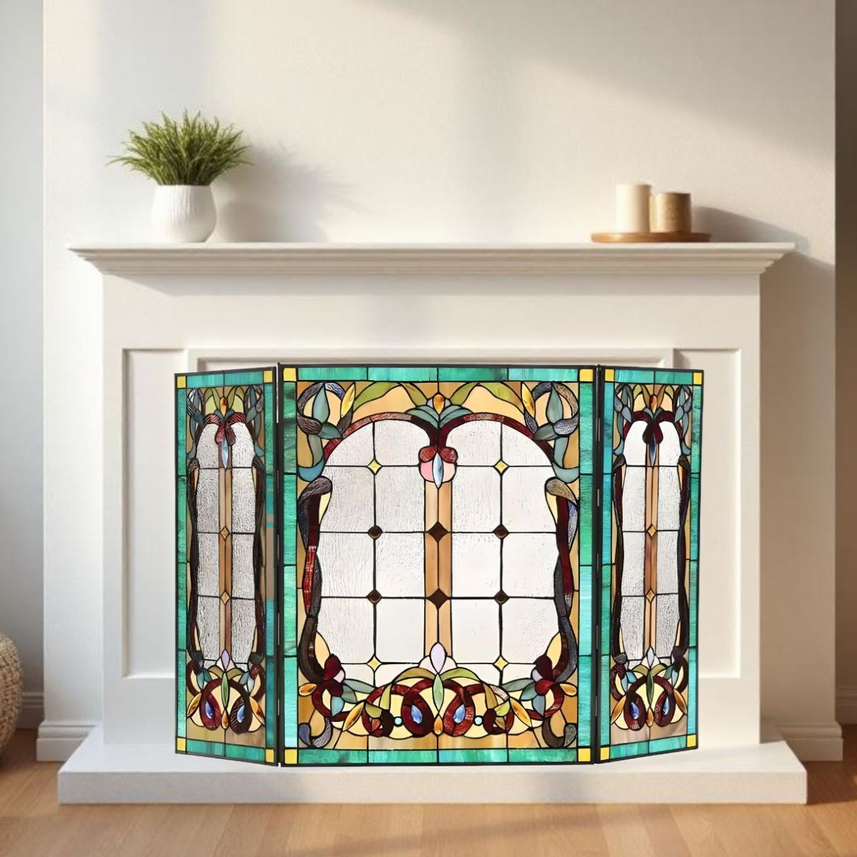 Tiffany Style Stained Glass Victorian Fireplace Screen - Elegant Handmade Design