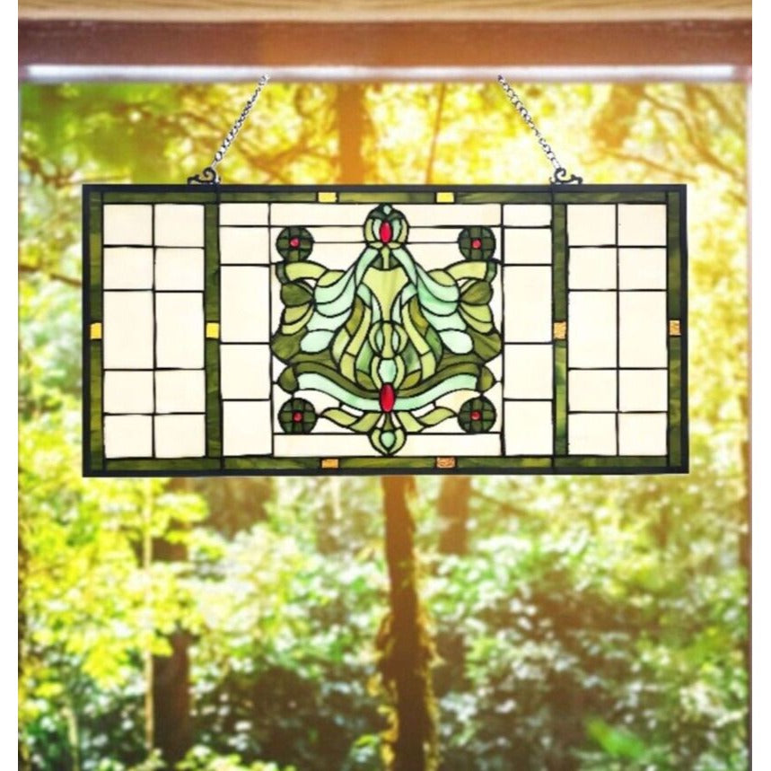 Tiffany Style Stained Glass Panel - Victorian Fleur-de-Lis Window Suncatcher