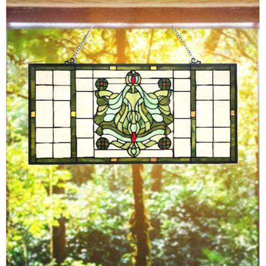 Tiffany Style Stained Glass Panel - Victorian Fleur-de-Lis Window Suncatcher