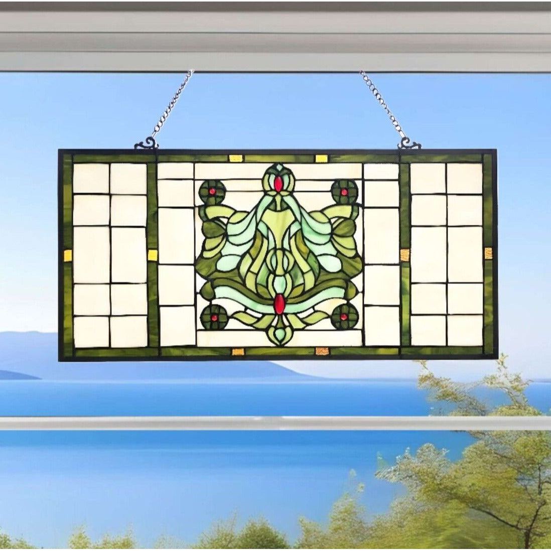 Tiffany Style Stained Glass Panel - Victorian Fleur-de-Lis Window Suncatcher