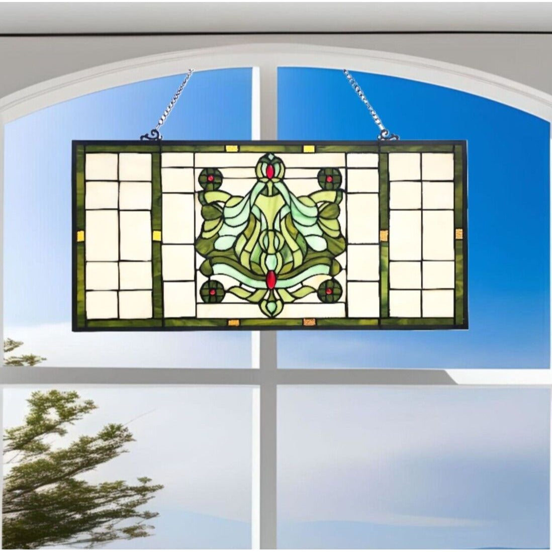 Tiffany Style Stained Glass Panel - Victorian Fleur-de-Lis Window Suncatcher