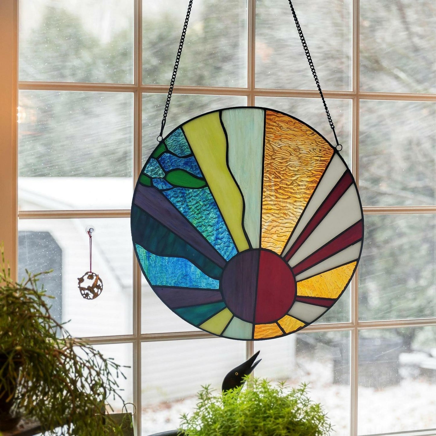 Geometric Rays of Sunshine Round Stained Glass Window Panel Suncatcher 12.75in
