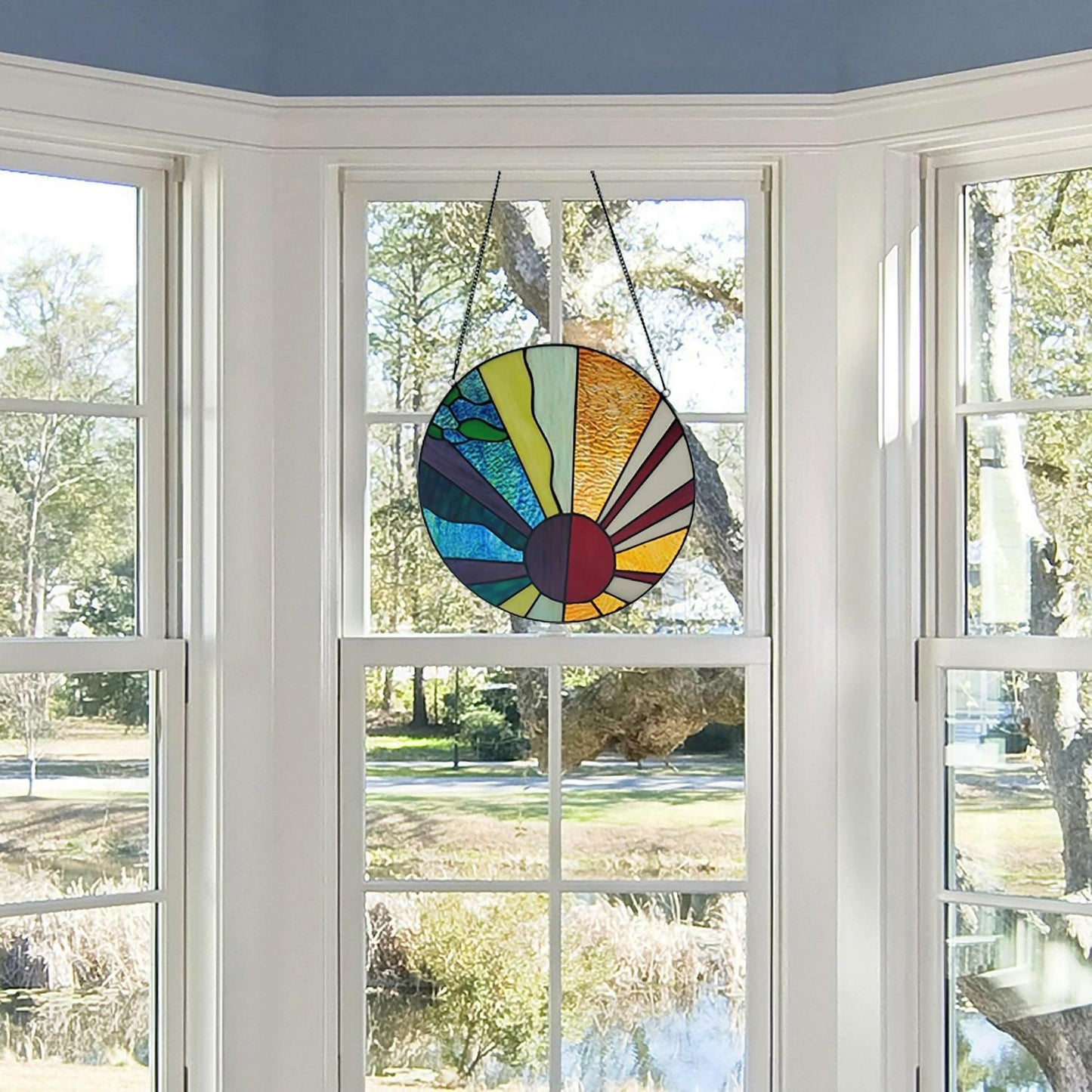 Geometric Rays of Sunshine Round Stained Glass Window Panel Suncatcher 12.75in