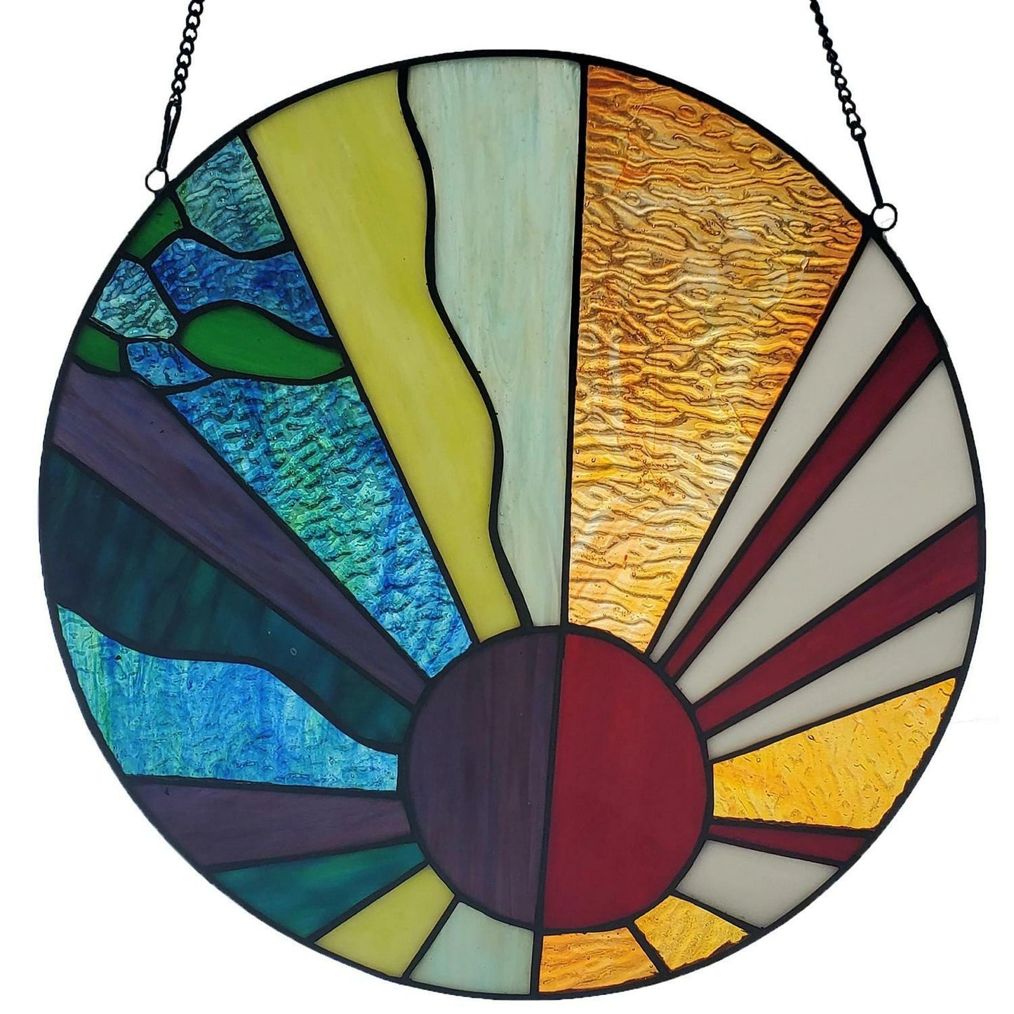 Geometric Rays of Sunshine Round Stained Glass Window Panel Suncatcher 12.75in