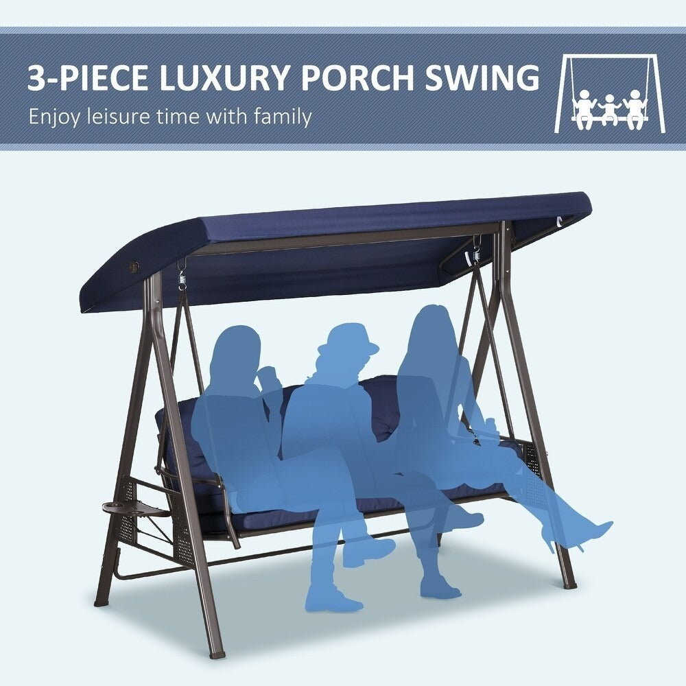 Navy Blue 3 Person Outdoor Patio Porch Swing with Canopy, Cushions, Pillows