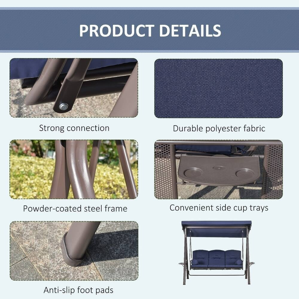 Navy Blue 3 Person Outdoor Patio Porch Swing with Canopy, Cushions, Pillows