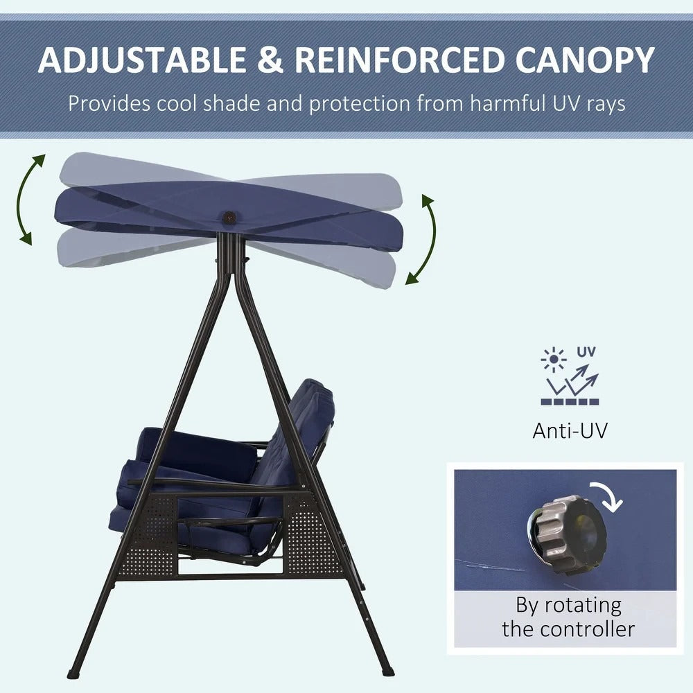 Navy Blue 3 Person Outdoor Patio Porch Swing with Canopy, Cushions, Pillows