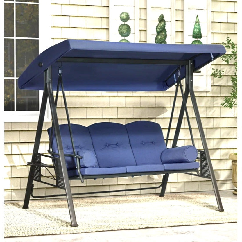 Navy Blue 3 Person Outdoor Patio Porch Swing with Canopy, Cushions, Pillows