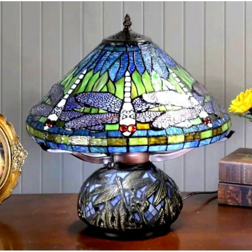 Tiffany Style Deep Blue Dragonfly Stained Glass Table Lamp Elegant Mosaic Base