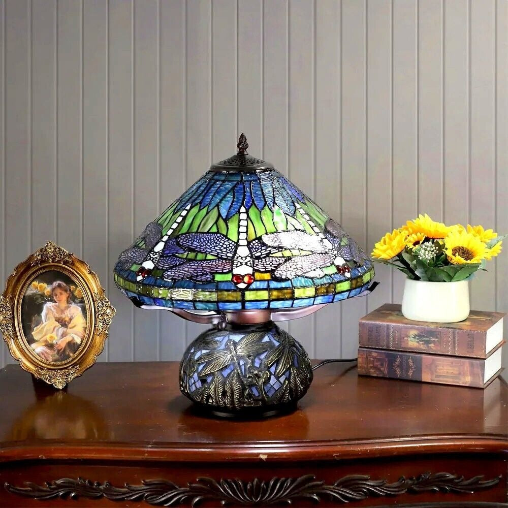 Tiffany Style Deep Blue Dragonfly Stained Glass Table Lamp Elegant Mosaic Base