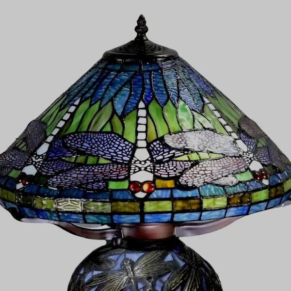 Tiffany Style Deep Blue Dragonfly Stained Glass Table Lamp Elegant Mosaic Base