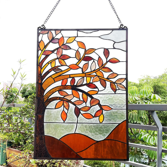 16x24in Tree Design Stained Glass Window Panel Suncatcher Tiffany Style