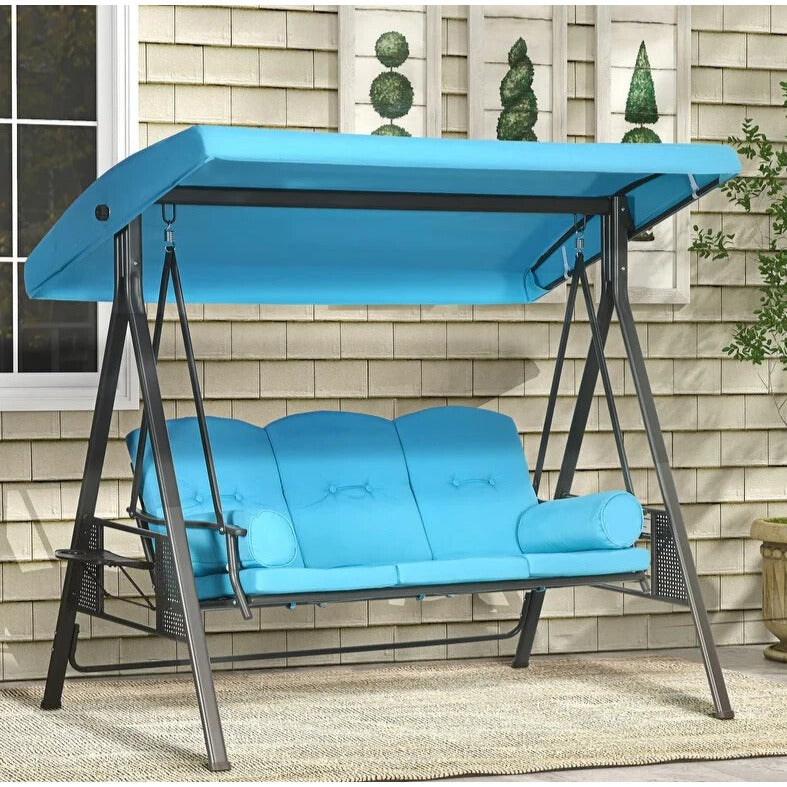 Sky Blue 3 Person Outdoor Patio Porch Swing with Canopy, Cushions, Pillows