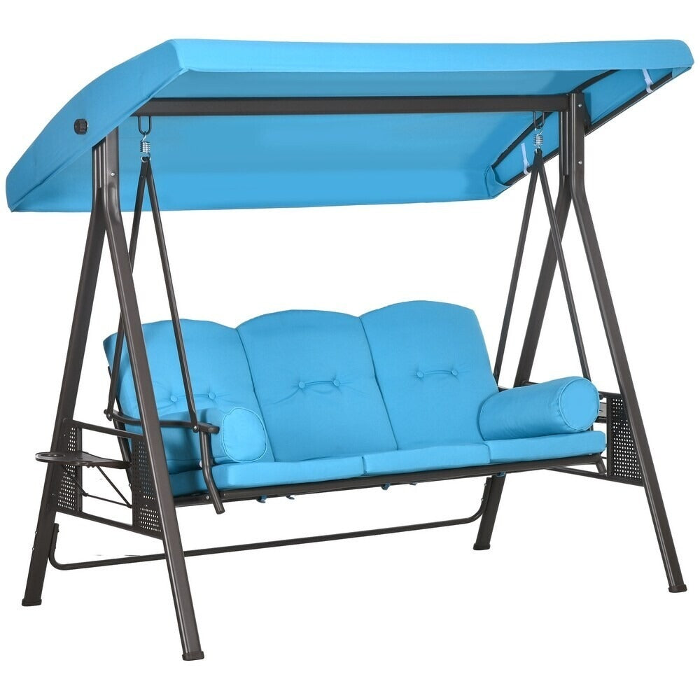 Sky Blue 3 Person Outdoor Patio Porch Swing with Canopy, Cushions, Pillows