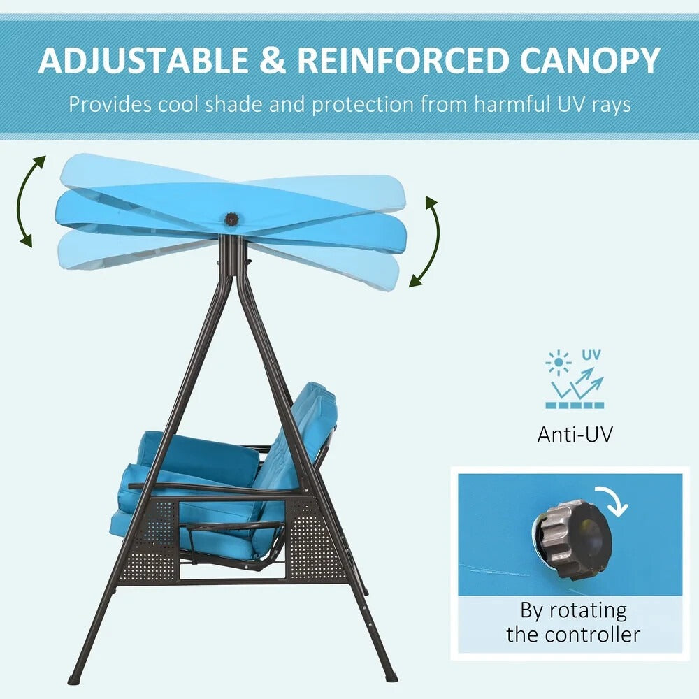 Sky Blue 3 Person Outdoor Patio Porch Swing with Canopy, Cushions, Pillows