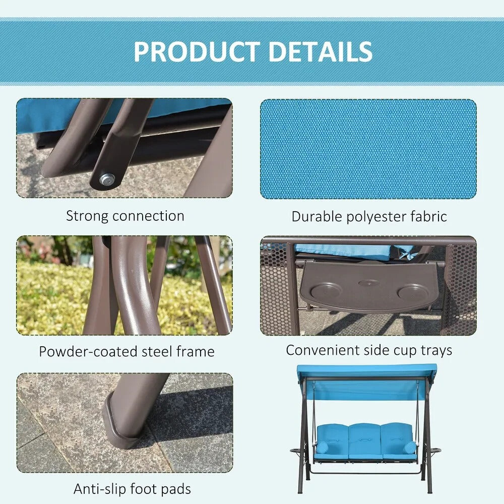 Sky Blue 3 Person Outdoor Patio Porch Swing with Canopy, Cushions, Pillows