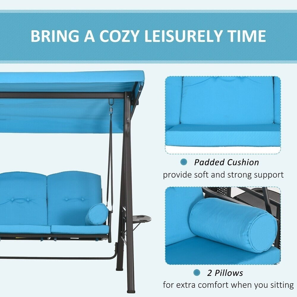 Sky Blue 3 Person Outdoor Patio Porch Swing with Canopy, Cushions, Pillows