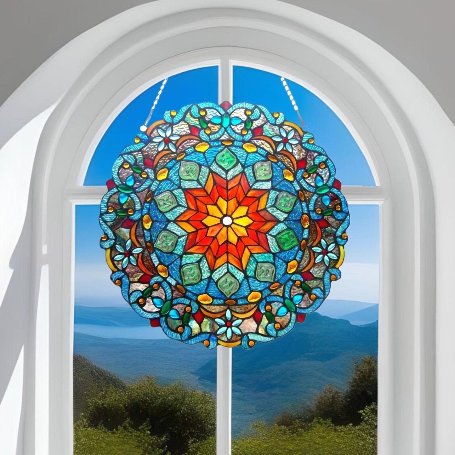 Vibrant Blue Tiffany Style Stained Glass Round Window Panel Suncatcher 21in