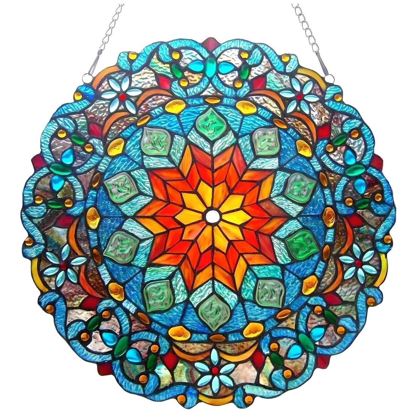 Vibrant Blue Tiffany Style Stained Glass Round Window Panel Suncatcher 21in