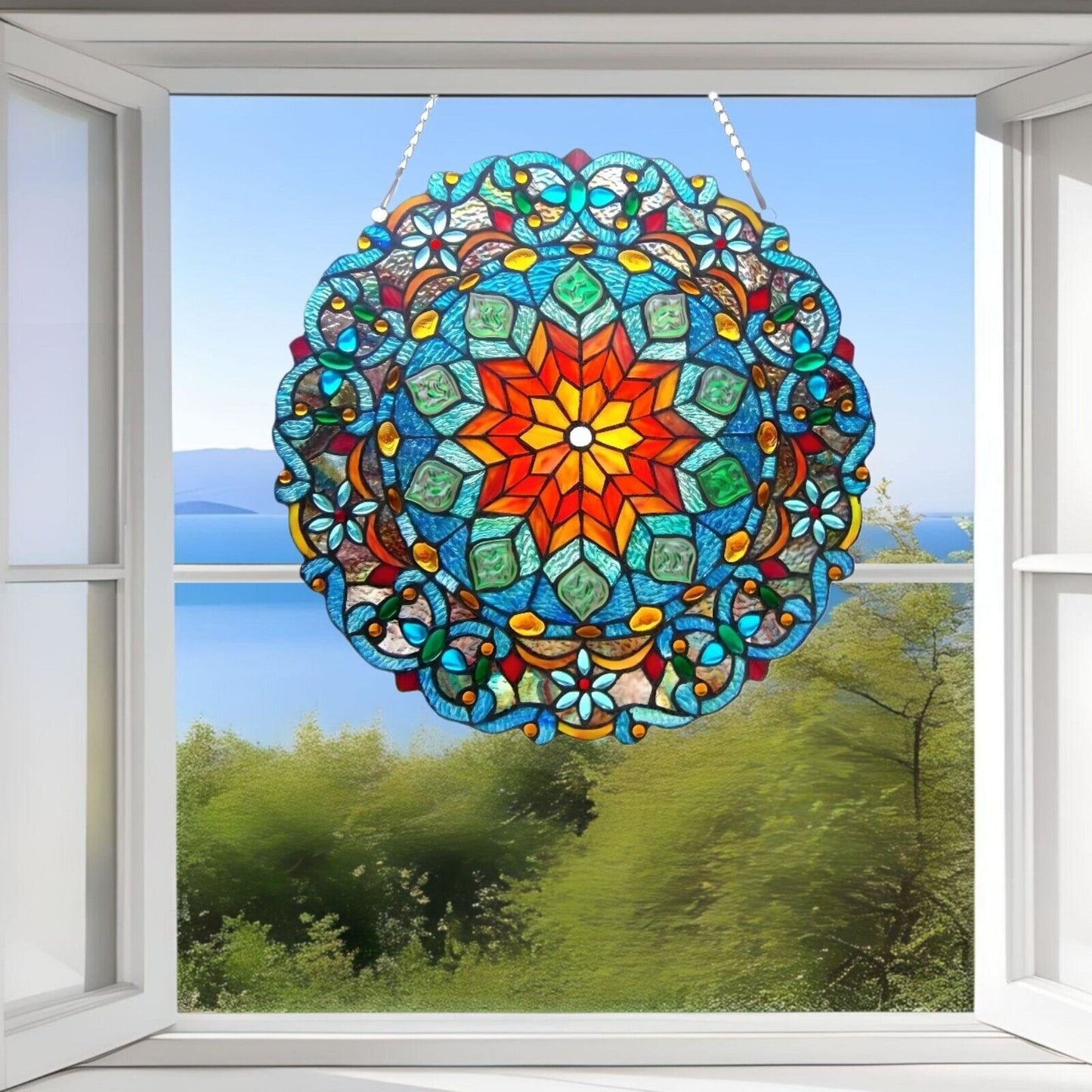 Vibrant Blue Tiffany Style Stained Glass Round Window Panel Suncatcher 21in