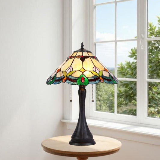 Tiffany Style Stained Glass Victorian 2-Light Table Lamp in Amber and Green 25in