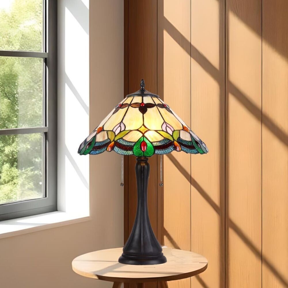 Tiffany Style Stained Glass Victorian 2-Light Table Lamp in Amber and Green 25in