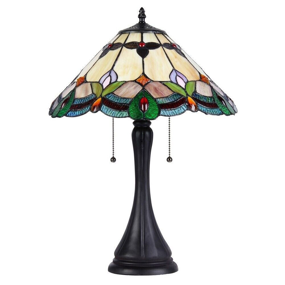 Tiffany Style Stained Glass Victorian 2-Light Table Lamp in Amber and Green 25in