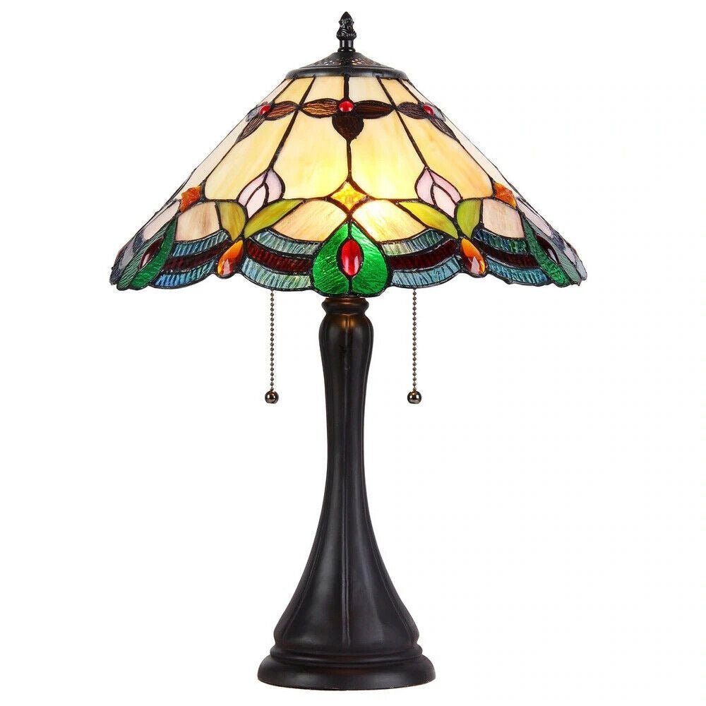 Tiffany Style Stained Glass Victorian 2-Light Table Lamp in Amber and Green 25in