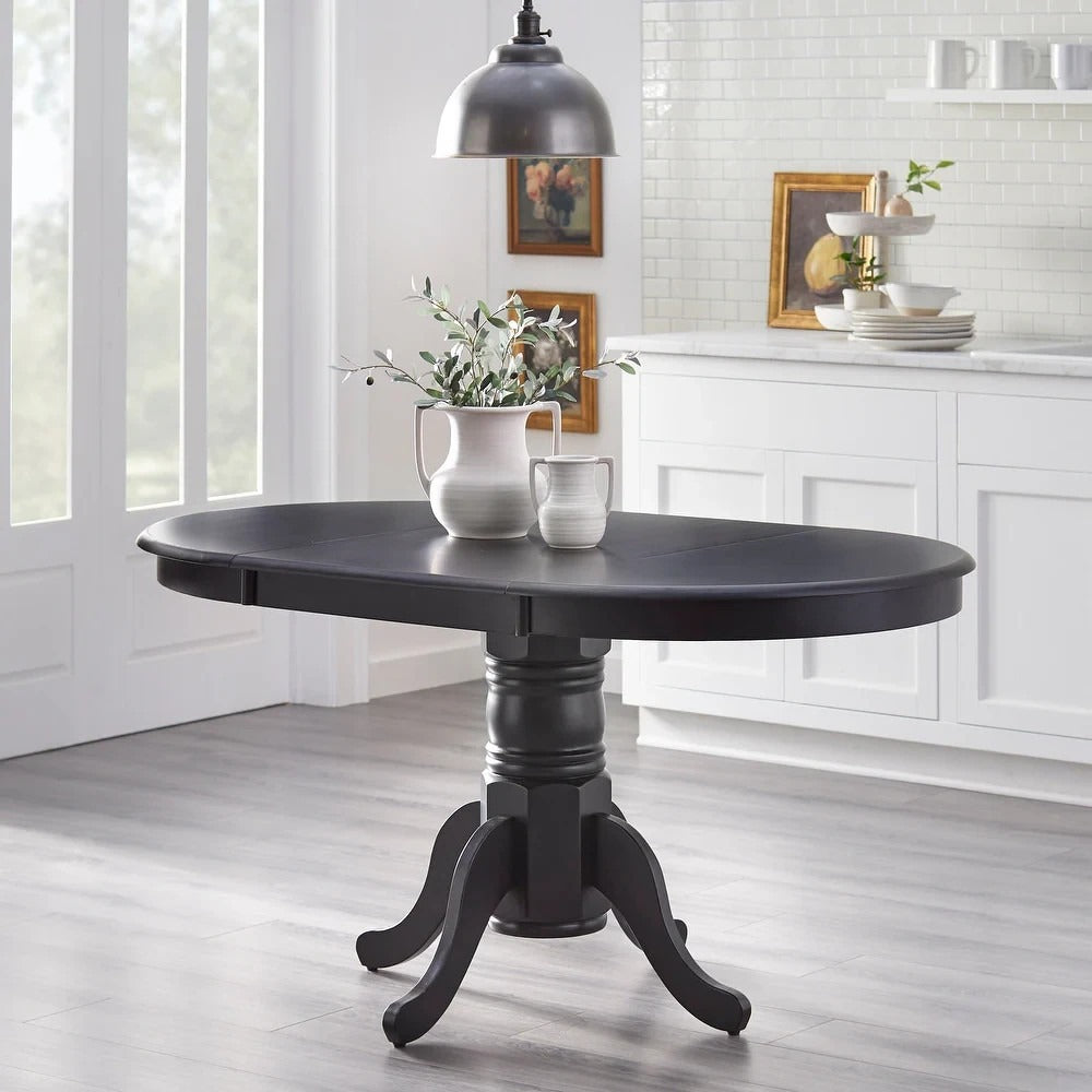 Country Style Pedestal Table: Solid Wood w/ 22in Leaf - Black Finish