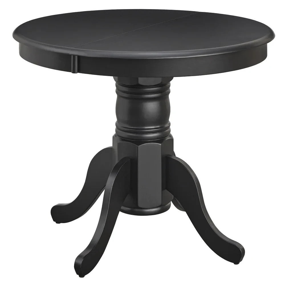 Country Style Pedestal Table: Solid Wood w/ 22in Leaf - Black Finish