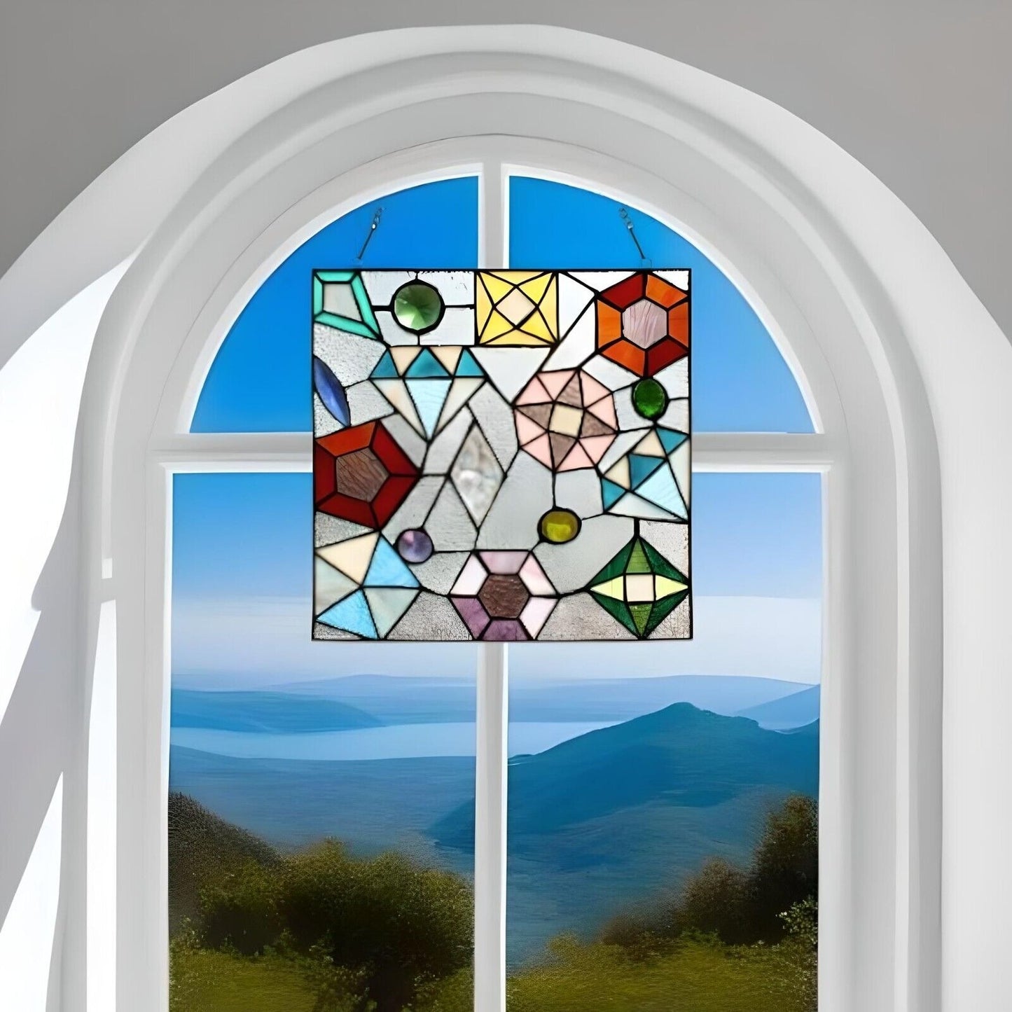 Tiffany Style Stained Glass Suncatcher Window Panel Multicolored Geometric 12x12