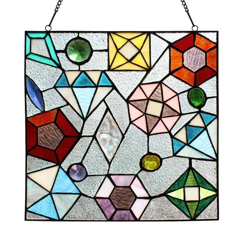 Tiffany Style Stained Glass Suncatcher Window Panel Multicolored Geometric 12x12