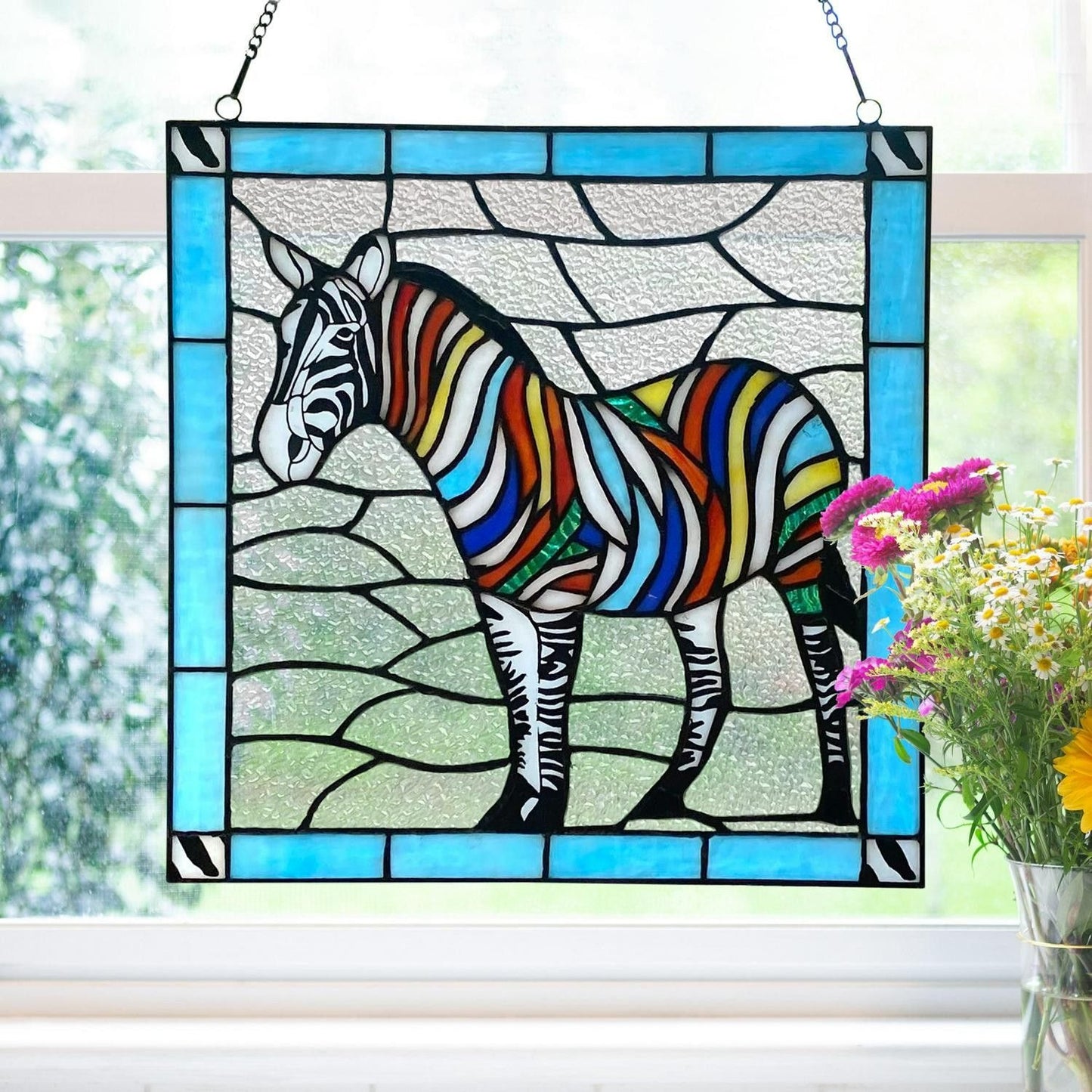 12in Square Zebra Theme Stained Glass Window Panel Suncatcher