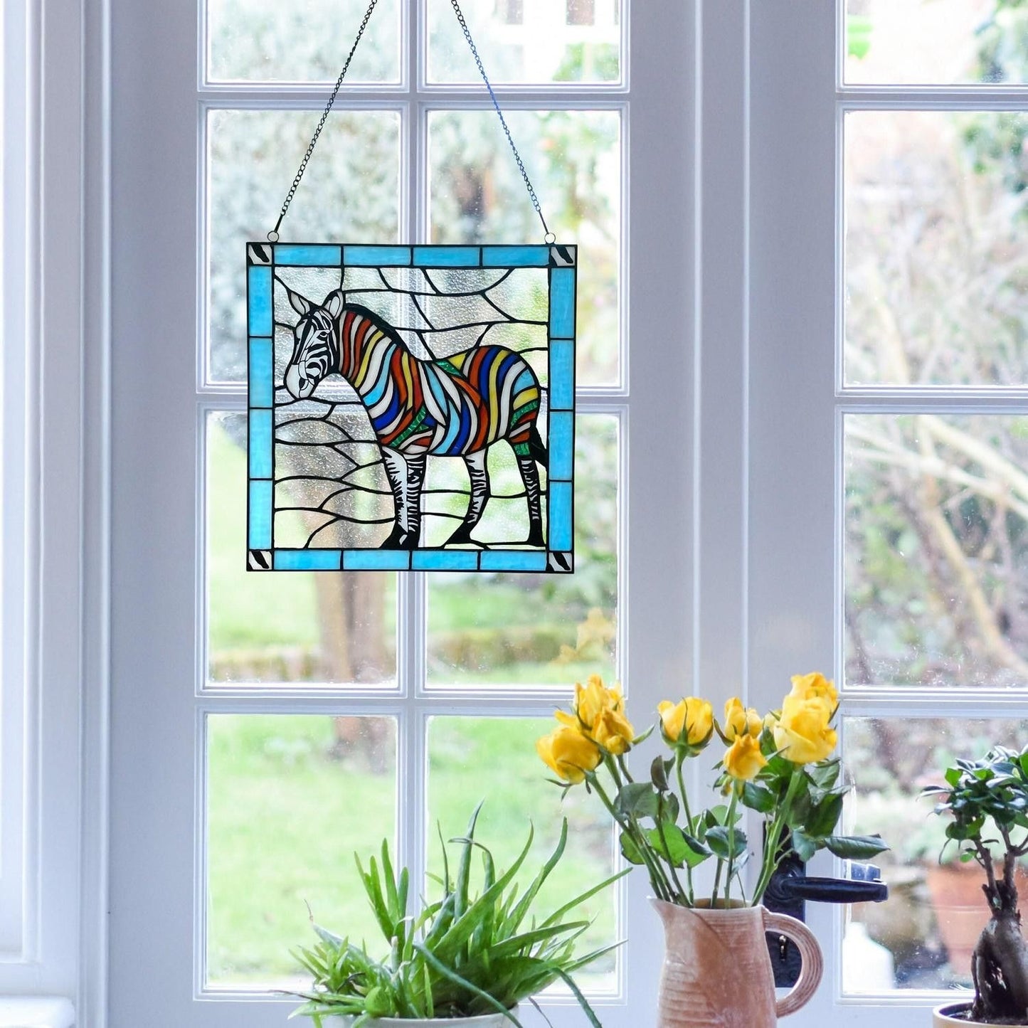 12in Square Zebra Theme Stained Glass Window Panel Suncatcher