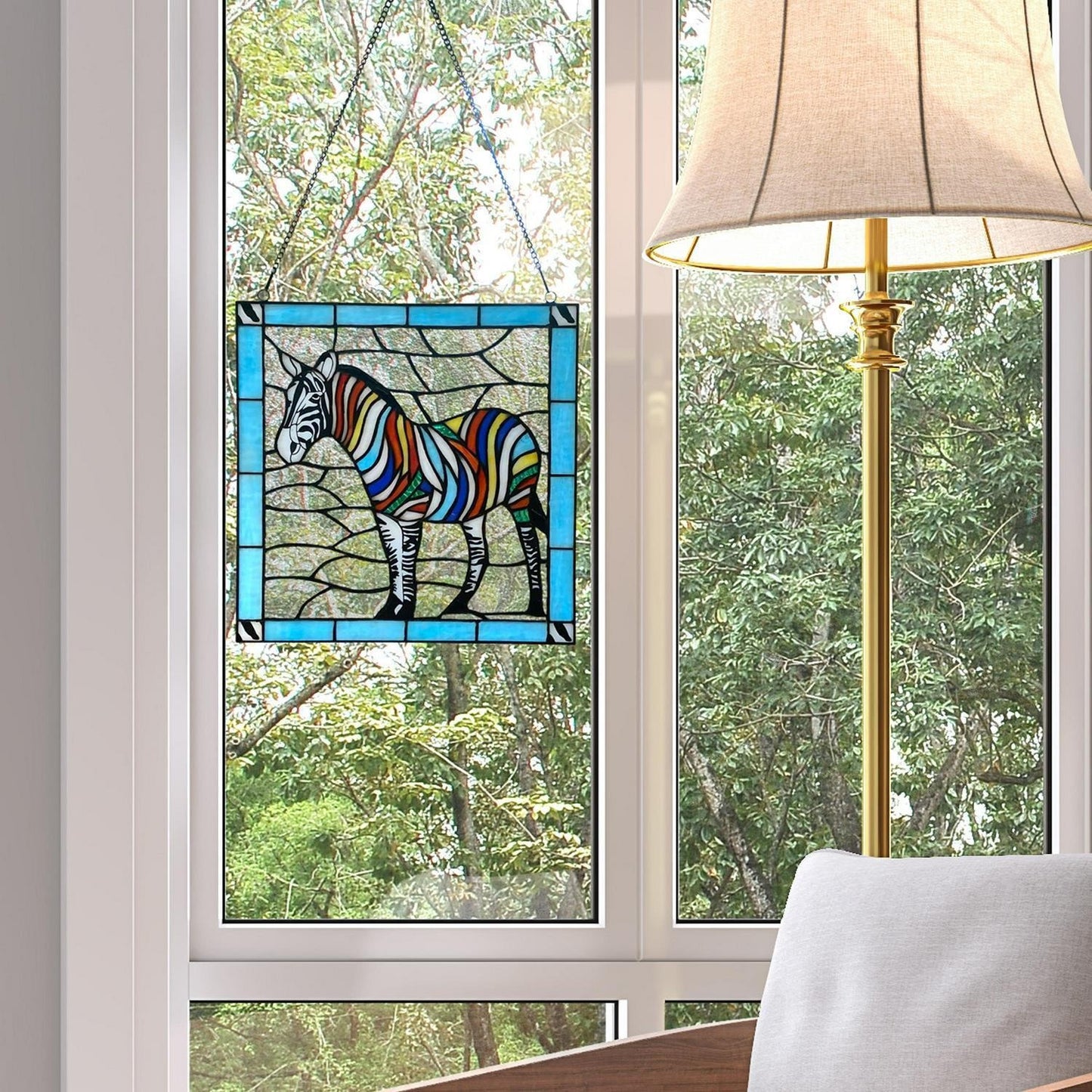 12in Square Zebra Theme Stained Glass Window Panel Suncatcher