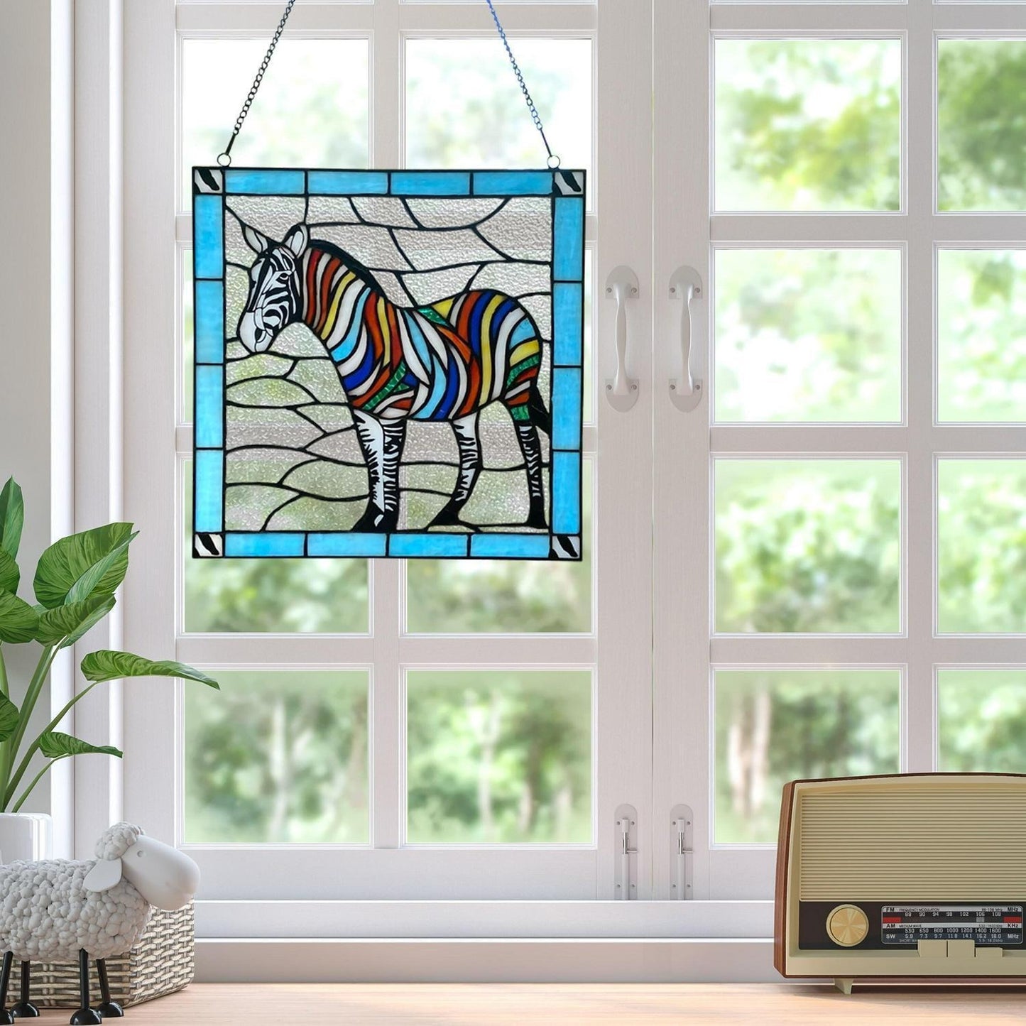 12in Square Zebra Theme Stained Glass Window Panel Suncatcher