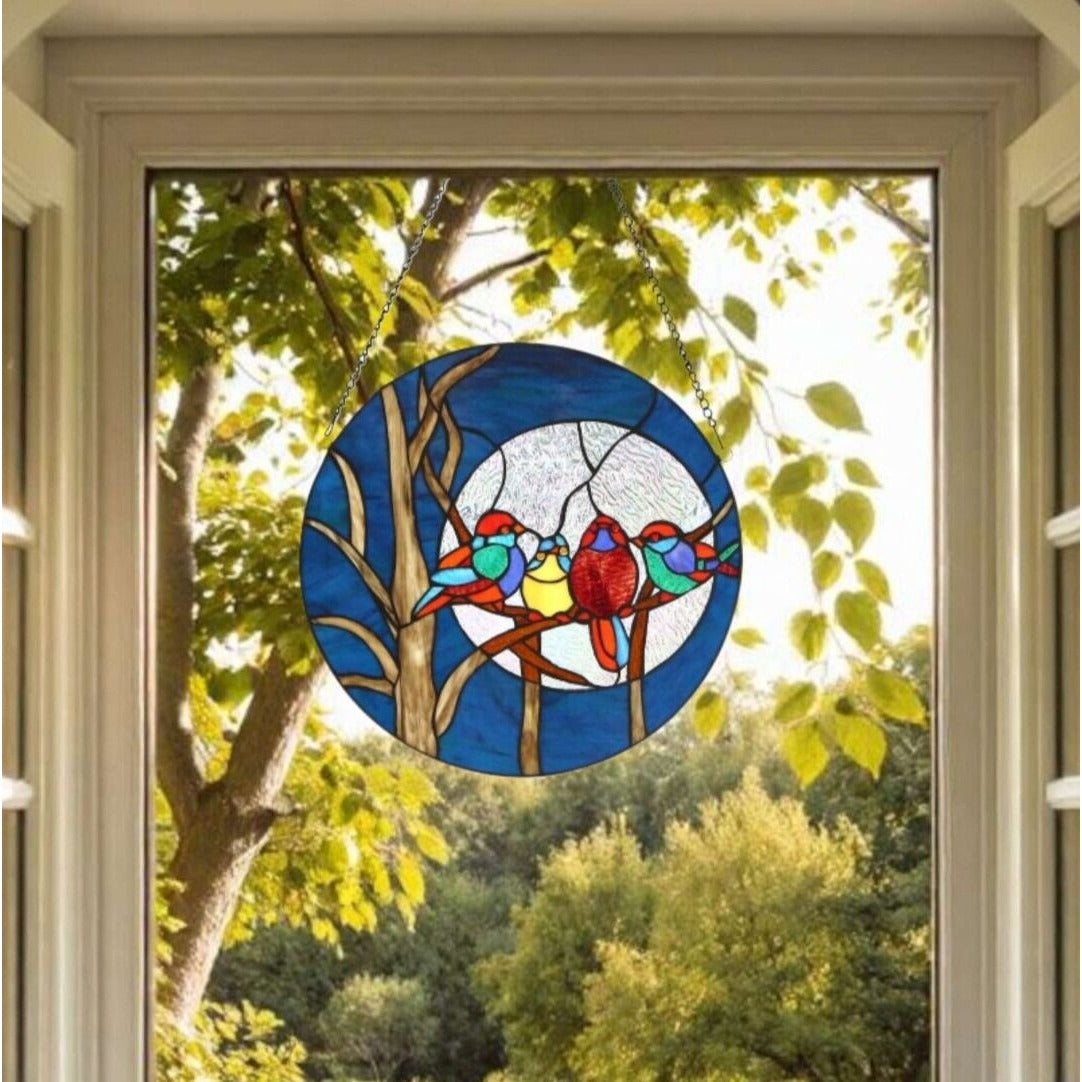 Happy Singing Birds Suncatcher Tiffany Style Stained Glass Window Panel 16in