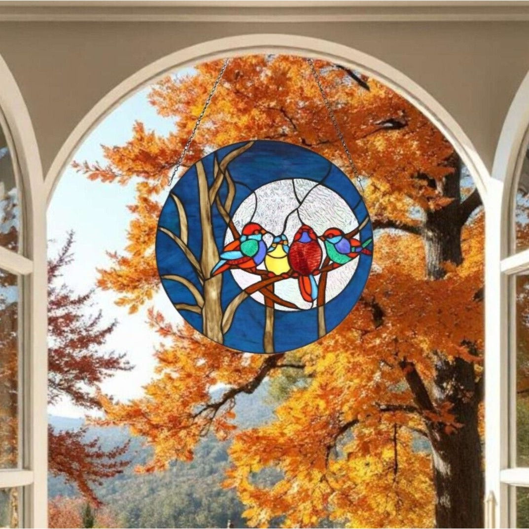 Happy Singing Birds Suncatcher Tiffany Style Stained Glass Window Panel 16in