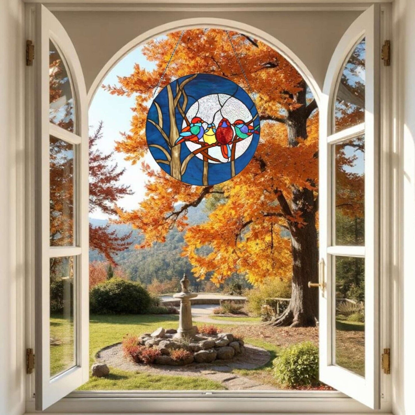 Happy Singing Birds Suncatcher Tiffany Style Stained Glass Window Panel 16in