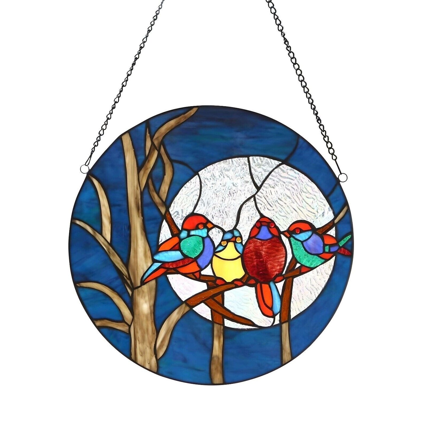 Happy Singing Birds Suncatcher Tiffany Style Stained Glass Window Panel 16in