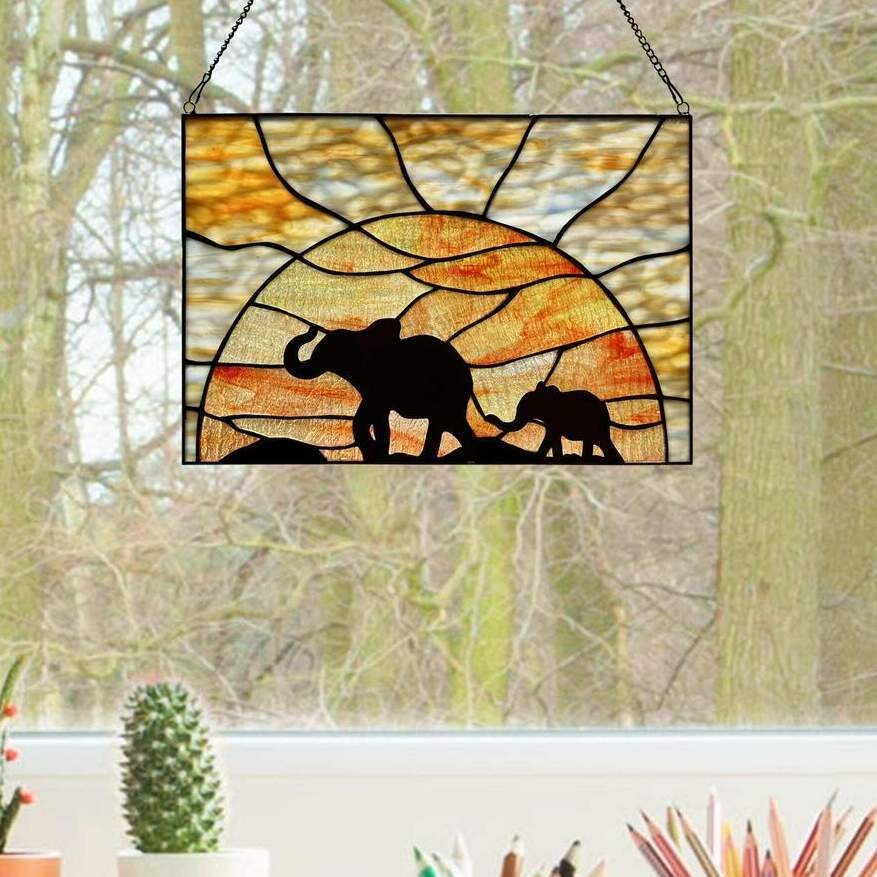 Mother Baby Elephant Stained Glass Tiffany Style Suncatcher Window Panel 14x10in