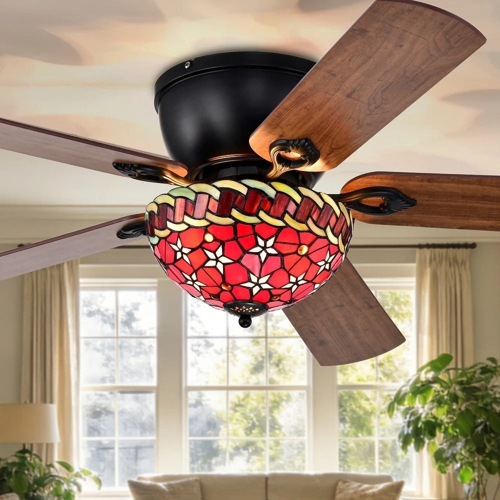 Ceiling Fan Tiffany Style Red Floral Stained Glass 52in Flushmount Black 5 Blade
