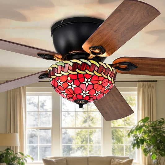 Ceiling Fan Tiffany Style Red Floral Stained Glass 52in Flushmount Black 5 Blade