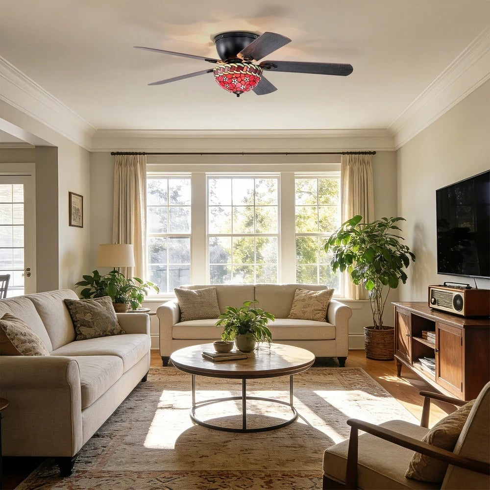 Ceiling Fan Tiffany Style Red Floral Stained Glass 52in Flushmount Black 5 Blade
