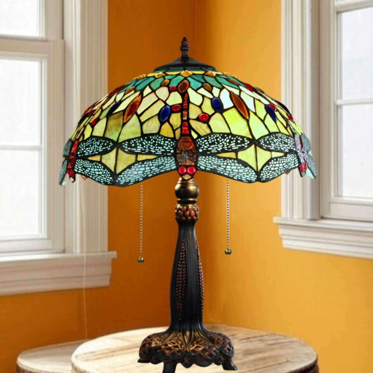 Tiffany Style Stained Glass Yellow Dragonfly Table Lamp Accent Lamp 20in