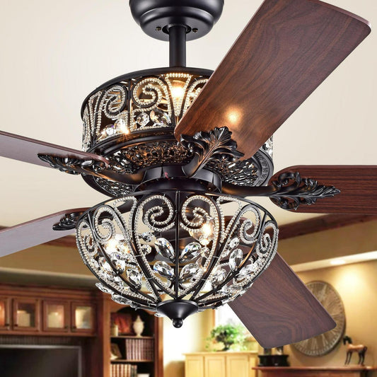 Crystal Lighted Ceiling Fan Chandelier 52in Matt Black Finish - Pull Chain