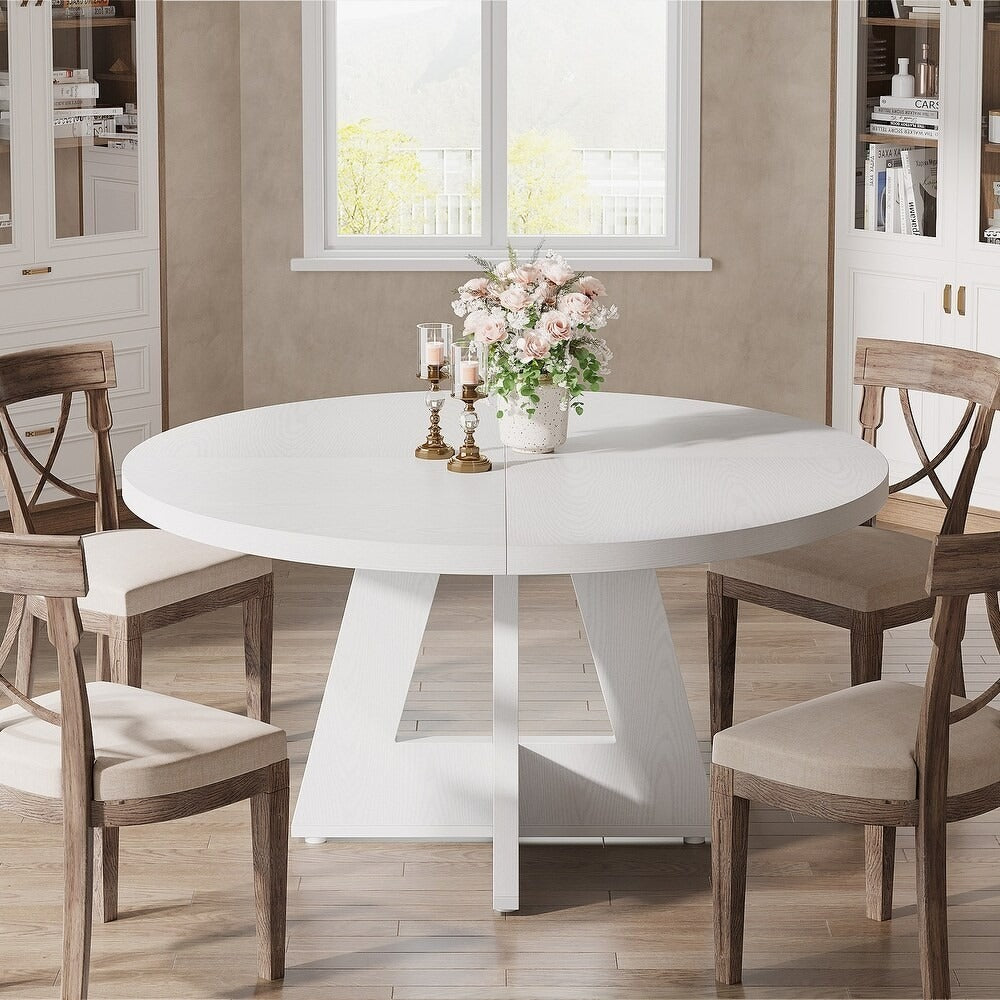 Round Farmhouse Dining Kitchen Table in Rustic Solid White Finish 47in Diameter