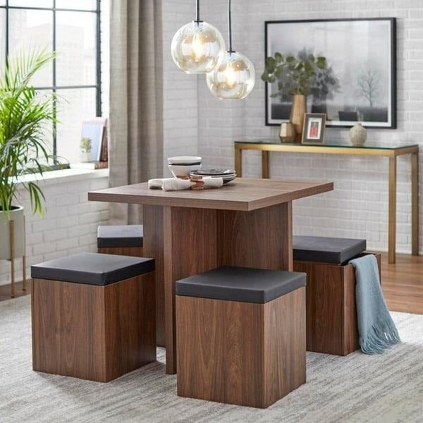 Dining Set Table With 4 Storage Ottomans 5 Piece Dining Set Brown Walnut Finish