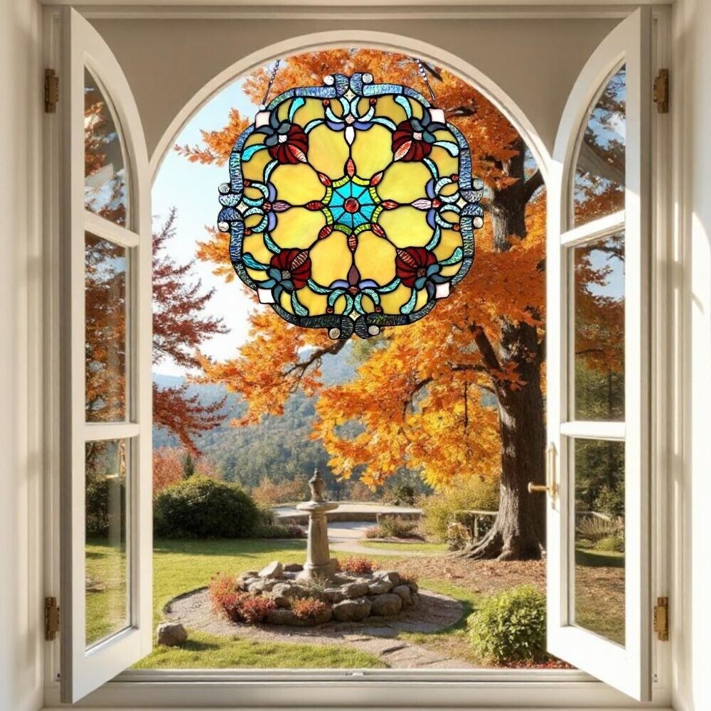 Stained Glass Window Panel Suncatcher Tiffany Style 18in Diameter Window Hanging