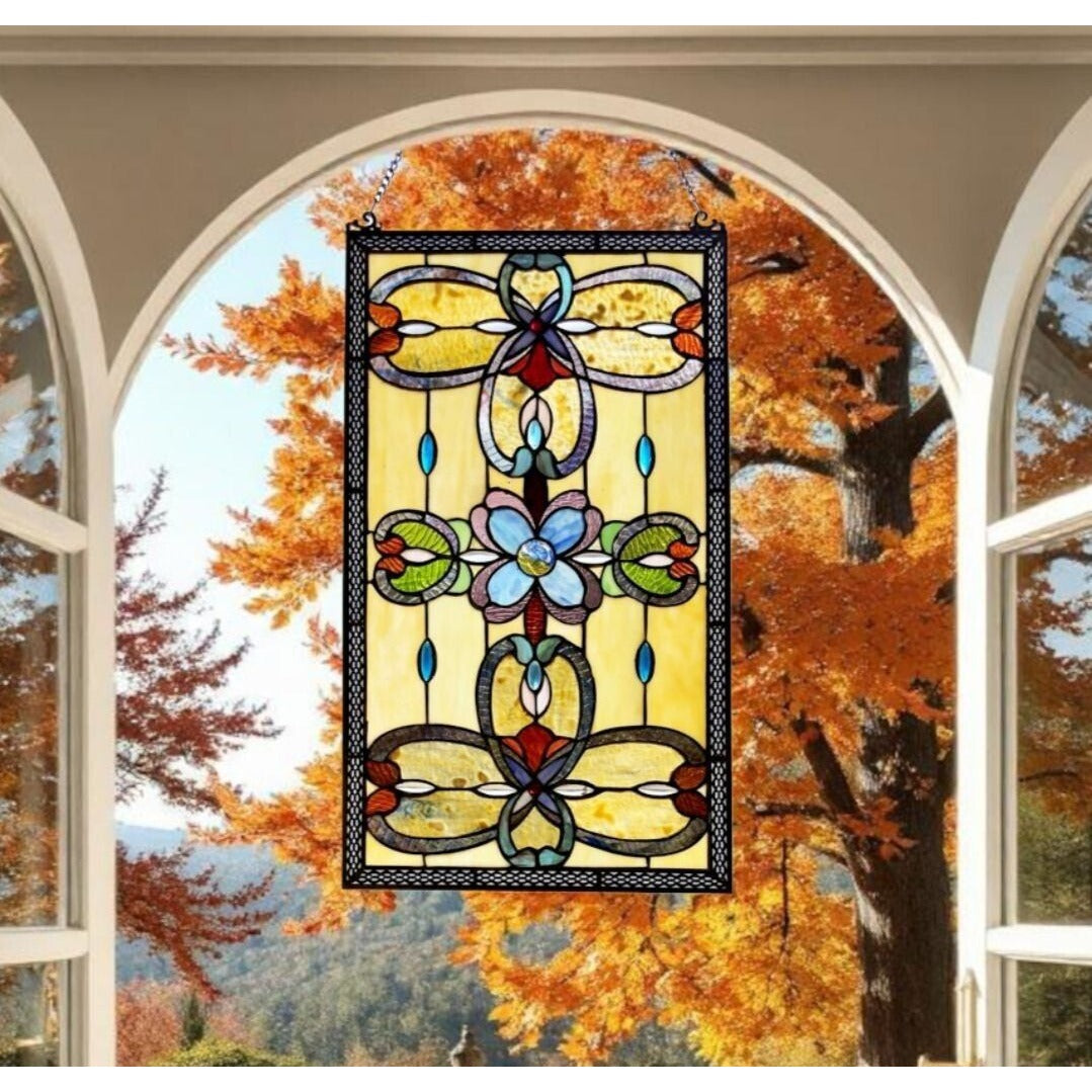 Tiffany Style Stained Glass Window Panel Suncatcher Victorian in Amber 15x26in